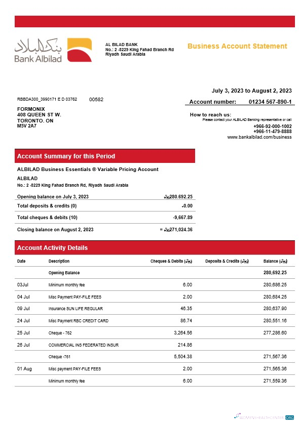 Download Bank Albilad enterprise statement Word and PDF template Photoshop template